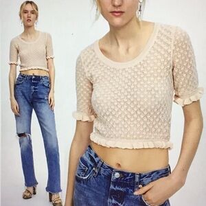 ZARA Textured Crop Ruffle Short Sleeve Sweater Top in Blush Pink sz S - EUC